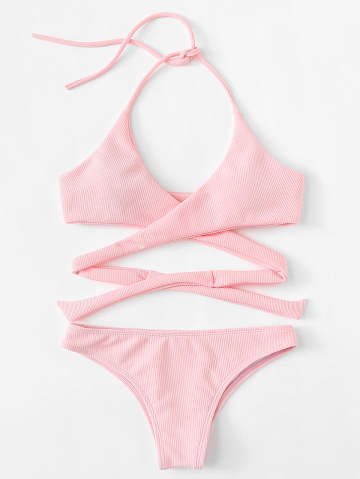 Romwe Cross Wrap Rib Knit Bikini Set