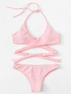 Romwe Cross Wrap Rib Knit Bikini Set