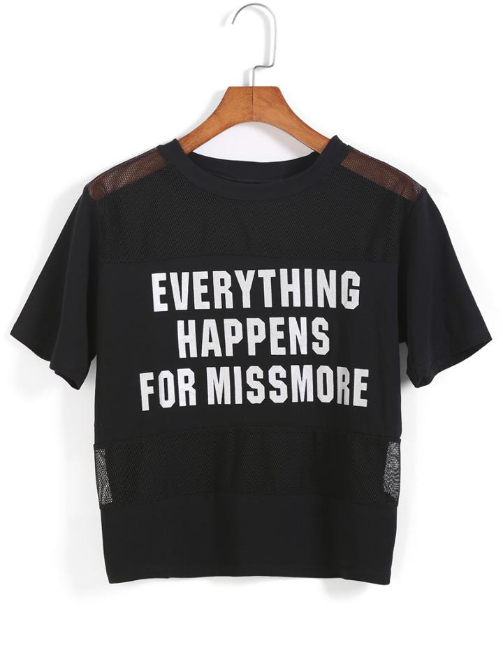 Romwe Contrast Mesh Letter Print Black T-shirt