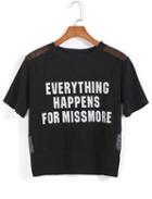 Romwe Contrast Mesh Letter Print Black T-shirt