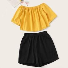 Romwe Plus Off Shoulder Top With Shorts