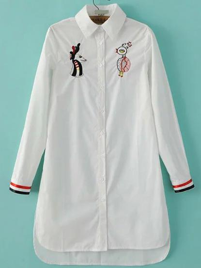 Romwe Dip Hem Split Cartoon Embroidered Blouse