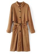 Romwe Cape Detail Self Tie Suede Trench Coat