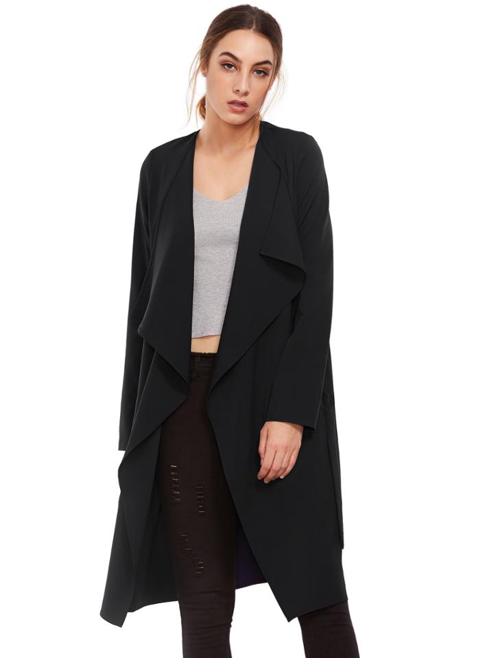 Romwe Black Lapel With Pocket Long Outerwear