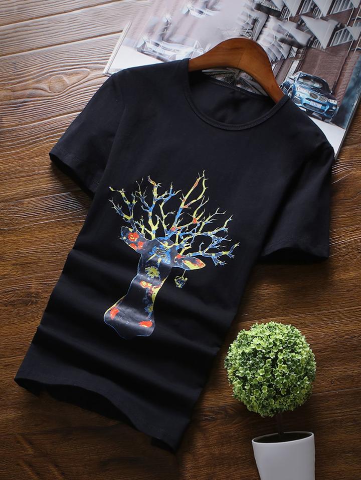 Romwe Men Deer Print Tee