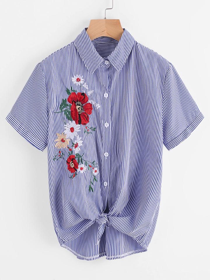 Romwe Embroidery Tie Hem Striped Shirt