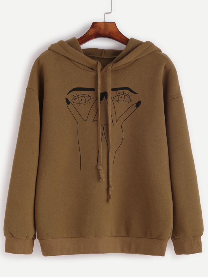 Romwe Khaki Eye Print Drawstring Hooded Sweatshirt