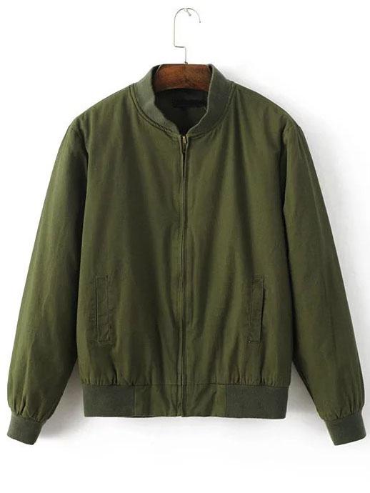 Romwe Army Green Zipper Padded Baseball Jacket