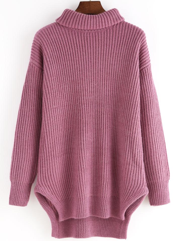 Romwe Turtleneck Dip Hem Slit Side Purple Sweater