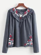 Romwe Frill Detail Flower Embroidery Blouse