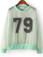 Romwe Green Long Sleeve 79 Print Hollow Sweatshirt