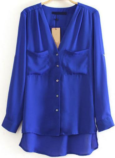 Romwe V Neck Pockets Dipped Hem Blue Blouse