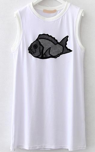Romwe Fish Embroidered White Dress