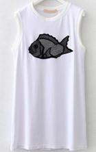 Romwe Fish Embroidered White Dress