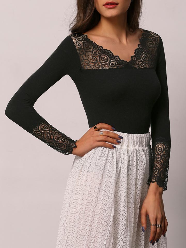 Romwe V Neck Lace Insert Slim Blouse