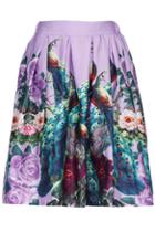 Romwe Peacock Print High Waist Purple Skirt