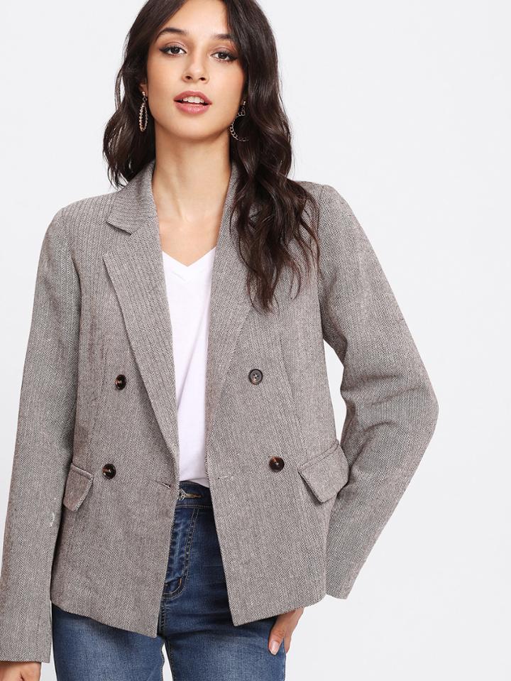 Romwe Double Breasted Herringbone Blazer