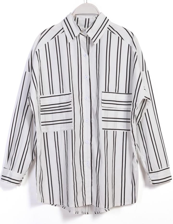 Romwe Vertical Stripe Pockets Loose Blouse
