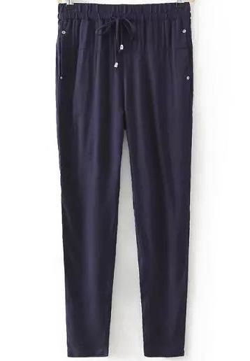 Romwe Navy Drawstring Waist Rivet Pant