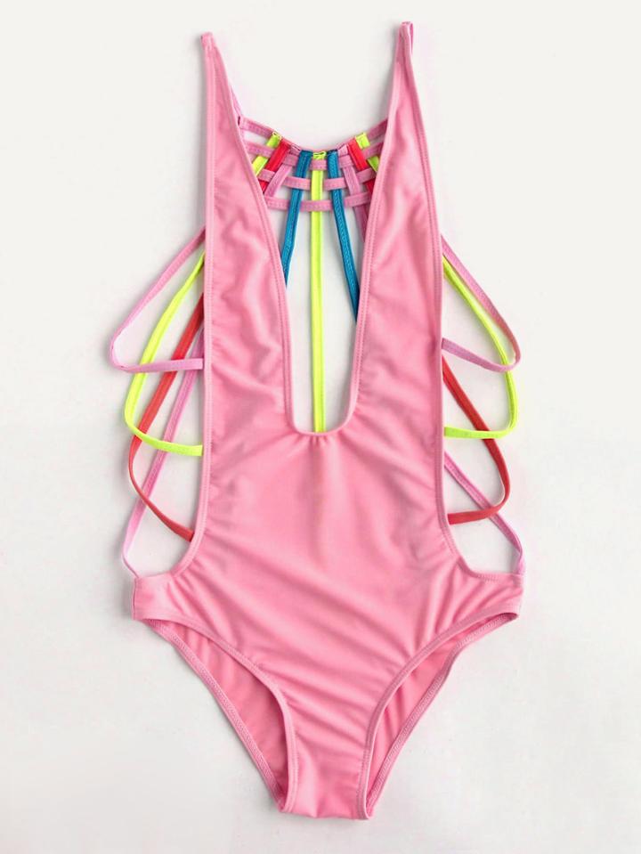 Romwe Plunge Neckline Lattice Back Swimsuit