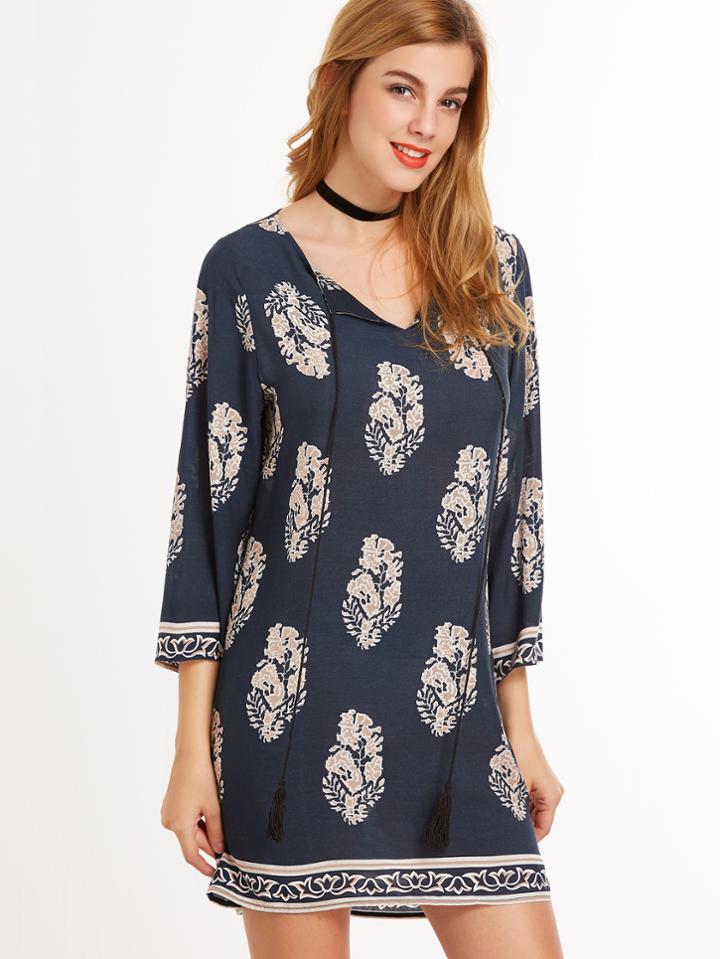 Romwe Navy Vintage Print Tie Neck Fringe Tunic Dress