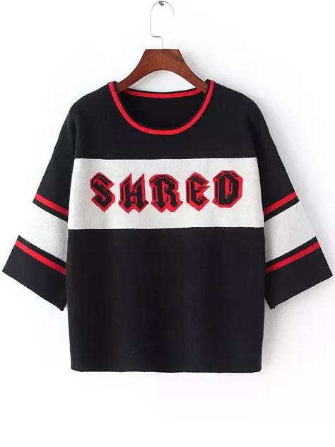 Romwe Letter Print Striped Trim Black Sweater