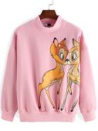 Romwe Deer Print Loose Pink Sweatshirt