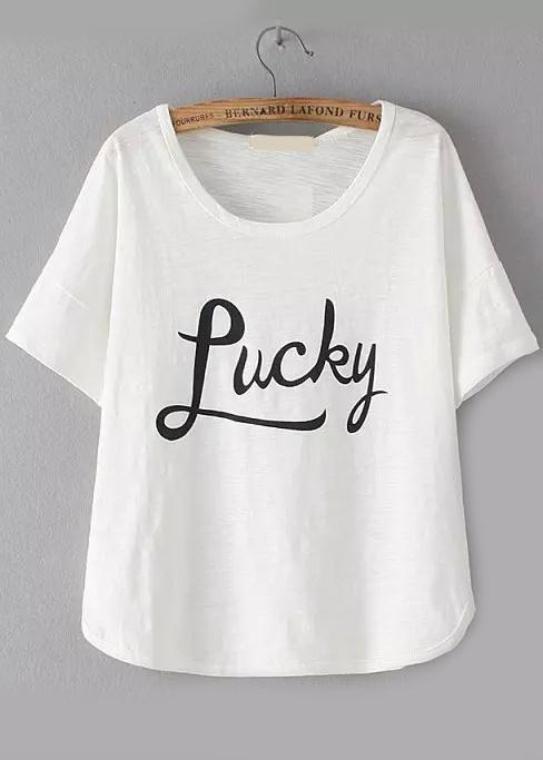 Romwe Lucky Print Loose T-shirt
