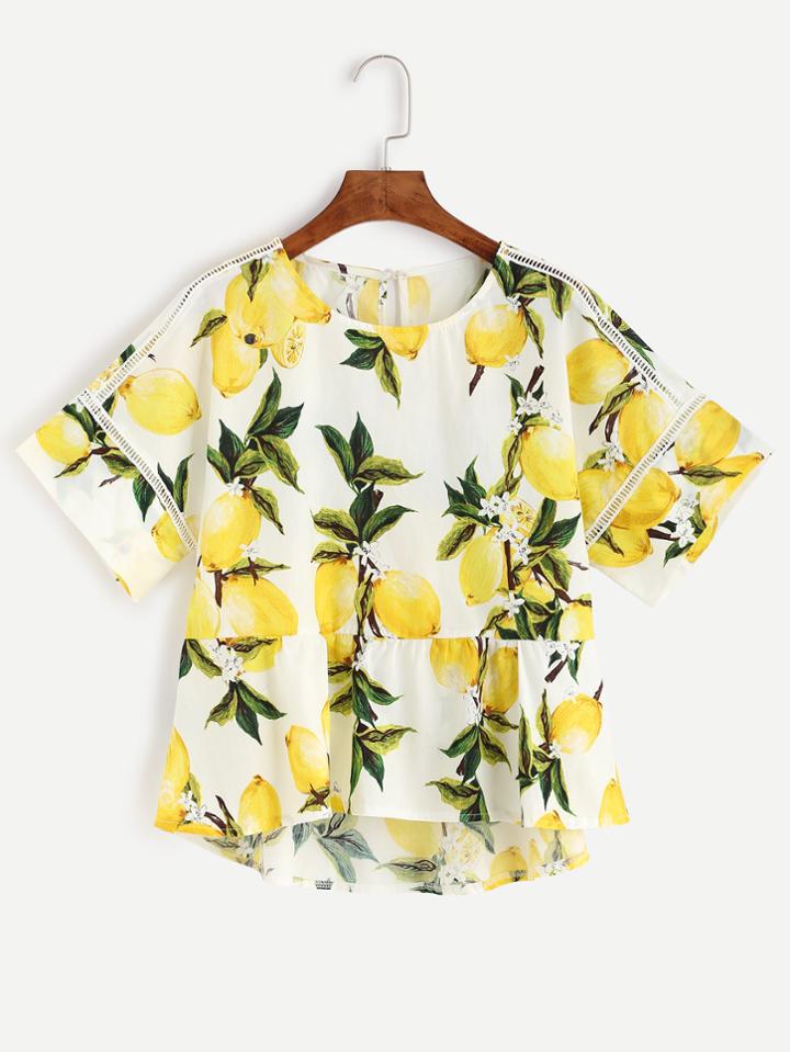 Romwe Yellow Lemon Print Keyhole Hollow Out Blouse