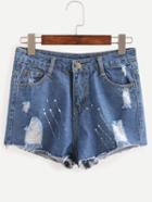Romwe Ripped Paint Splatter Denim Shorts - Blue