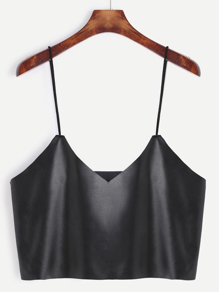 Romwe Black Faux Leather Crop Cami Top