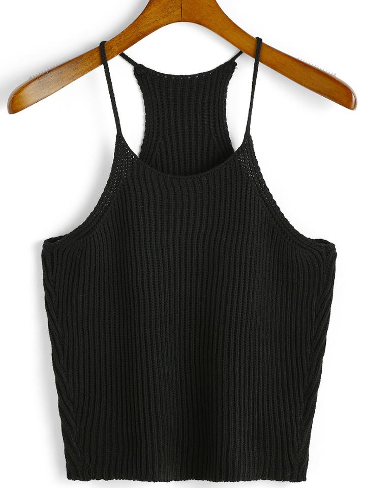 Romwe Spaghetti Strap Knit Black Cami Top