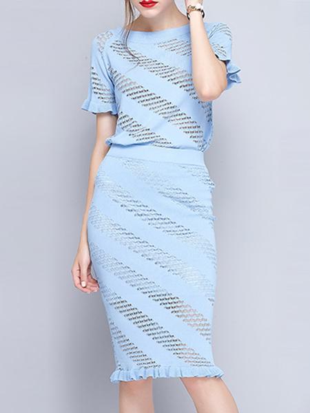Romwe Blue Crew Neck Mesh Top With Skirt