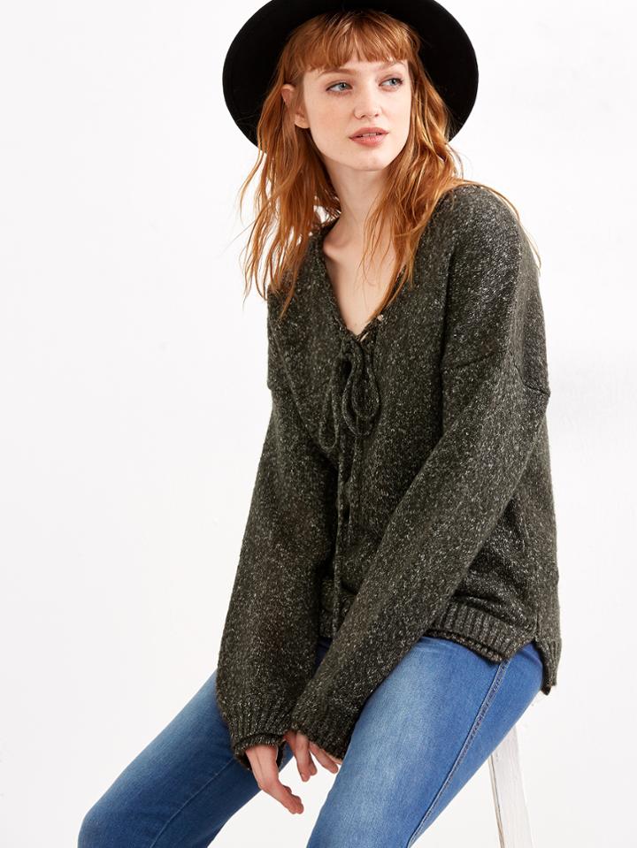 Romwe Olive Green Lace Up V Neck Drop Shoulder Sparkle Sweater
