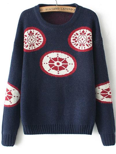 Romwe Wheel Print Loose Navy Sweater