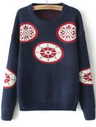Romwe Wheel Print Loose Navy Sweater