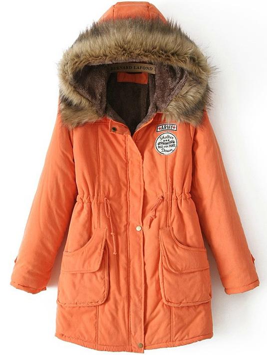 Romwe Hooded Drawstring Letter Patch Orange Coat