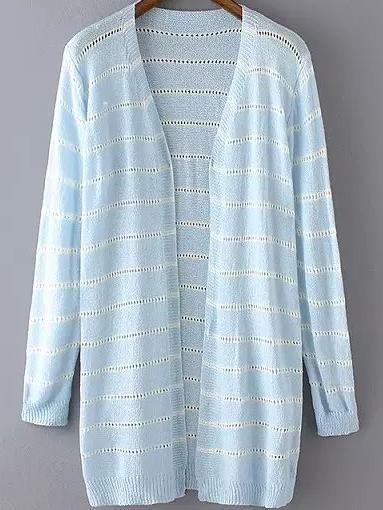 Romwe Striped Open-knit Blue Cardigan