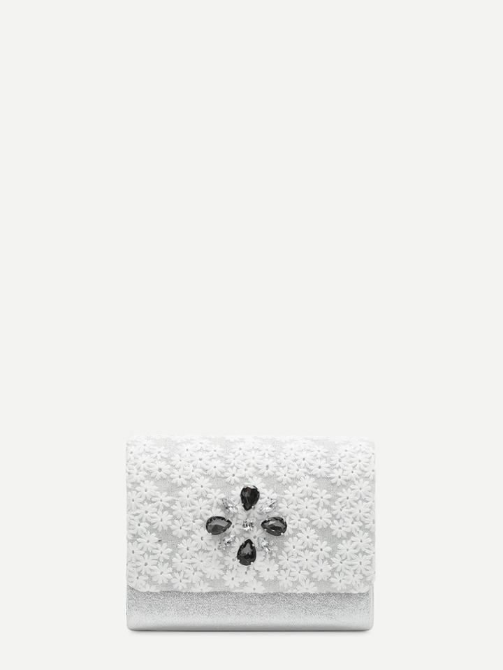 Romwe Flower Embroidered Clutch Bag With Rhinestone