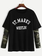Romwe Black Letter Print Drop Shoulder 2 In 1 T-shirt