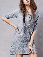 Romwe Buttoned Front Embroidered Tunic Dress - Blue