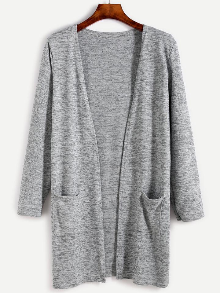 Romwe Heather Grey Pockets Long Cardigan