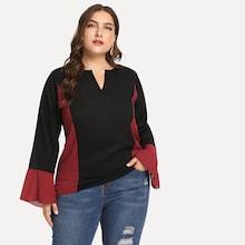 Romwe Plus Contrast Panel Flounce Sleeve Blouse