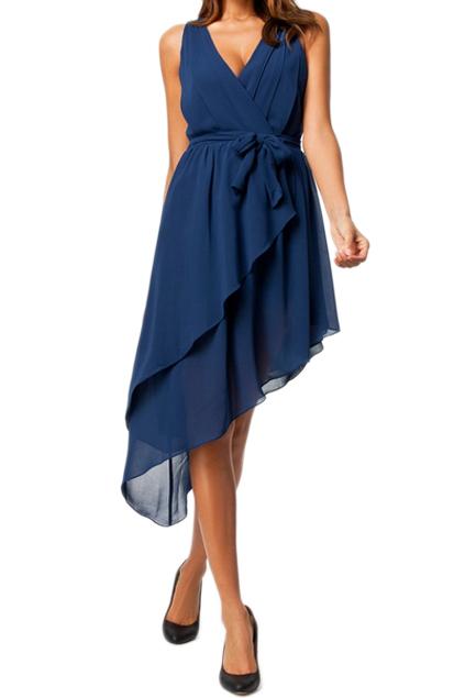 Romwe Romwe Self-tied Belt Oblique Pleats V-neck Blue Dress