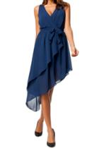 Romwe Romwe Self-tied Belt Oblique Pleats V-neck Blue Dress