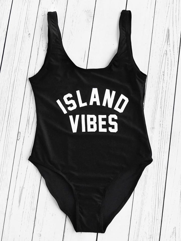 Romwe Slogan Print Beach Swimsuit