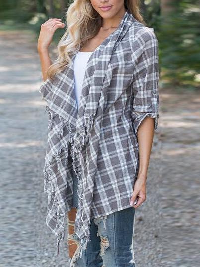 Romwe Waterfall Collar Plaid Fringe Asymmetrical Coat