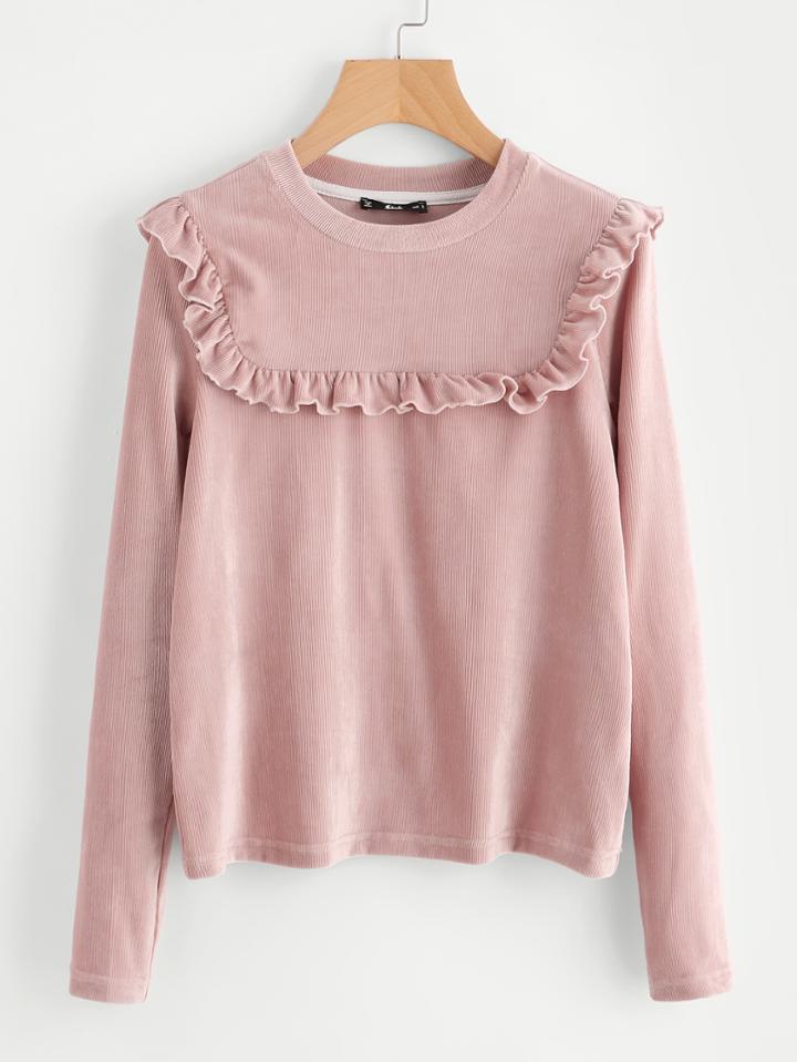 Romwe Frill Detail Yoke Ribbed Tee