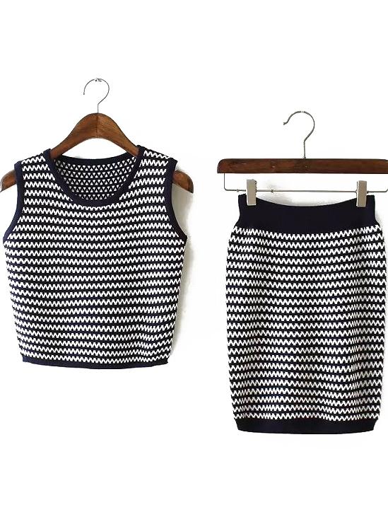 Romwe Sleeveless Knit Top With Striped Skirt