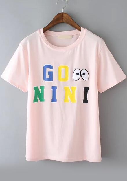 Romwe Eye Embroidered Pink T-shirt